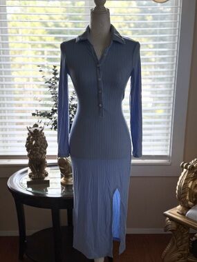 Light Blue Long Sleeve Ribbed Polo Midi Dress